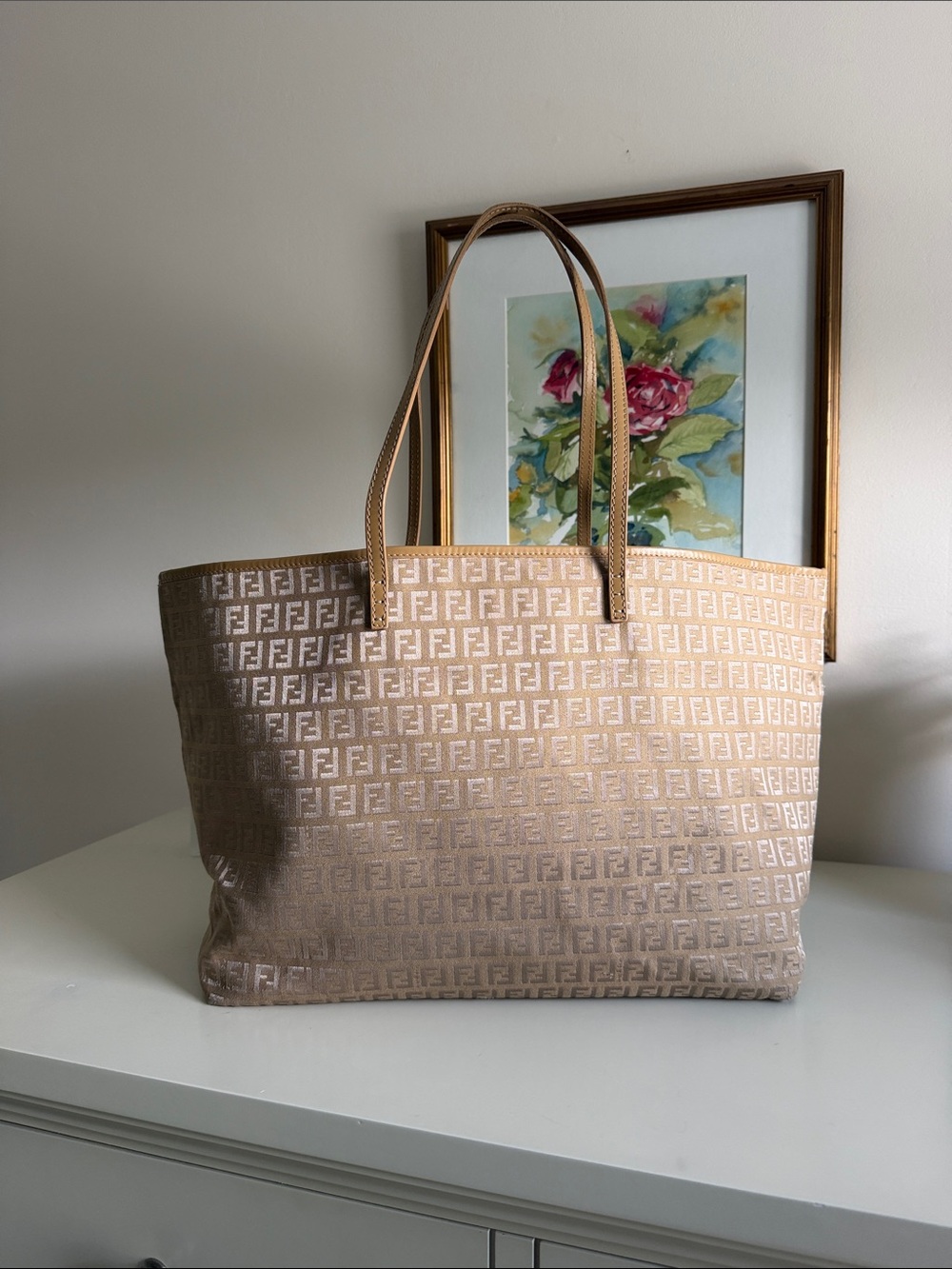 Fendi Beige Monogram Jacquard Tote with Tan Leather Handles